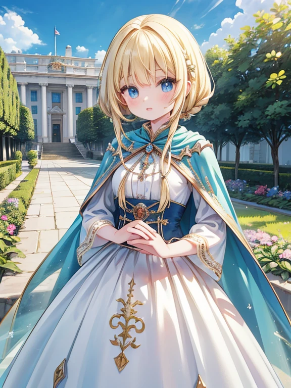 masterpiece, Highest quality, Very detailed, 16K, Ultra-high resolution, Cowboy Shot, Detailed face, Perfect Fingers, 1 female, 14 years old, blue eyes, blonde, Braiding, royal palace, garden, hjy, a dress with a long train and a cape