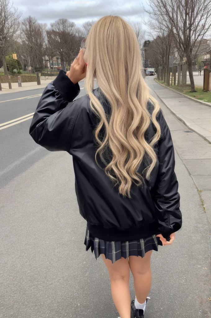 1girl, glasses,  jacket, long hair,, plaid, plaid skirt, , shoes, shuujin academy uniform, skirt, from behind, outdoors, smile, school cafeteria, 
masterpiece, best quality,  blonde hair, tanned skin, dark skin, gyaru,bronze skin