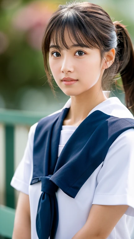 Woman with ponytail, Sailor suit、Model shooting style, (Highly detailed CG 8k wallpaper units), The most beautiful art photos in the world, A magnificent professional (photo shoot:Steve McCurry), 8K Ultra HD, Digital SLR, Soft lighting, high quality, Film Grain, Fujifilm XT3 Sharp focus, 5 ....6, High detail, Sharp focus, dramatic, (Looking at the audience:1.2), (Natural light), (Fascinating)
