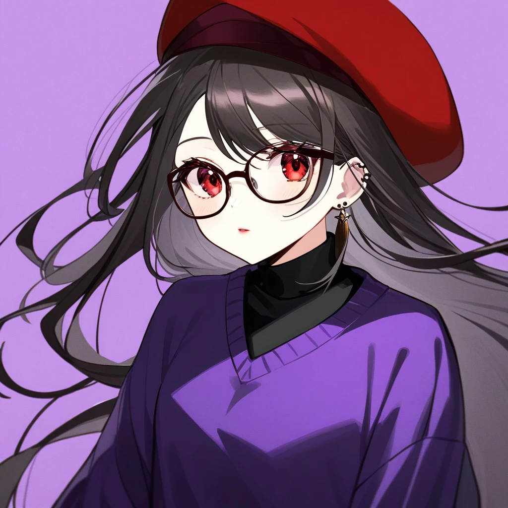 Kyoko has long, flowing black, often messy hair with a purple tint, styled in a sleek and elegant manner. Her piercing red eyes are framed by thick lashes, she have dark, bold lipstick that highlights her full lips. Kyoko wear black and purple pullover that is always too big for Her and black short.