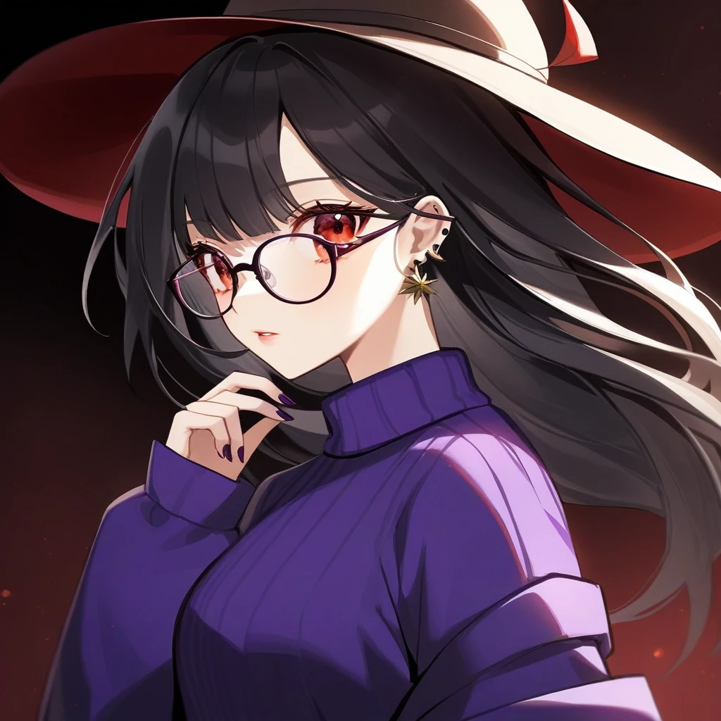 Kyoko has long, flowing black, often messy hair with a purple tint, styled in a sleek and elegant manner. Her piercing red eyes are framed by thick lashes, she have dark, bold lipstick that highlights her full lips. Kyoko wear black and purple pullover that is always too big for Her and black short.