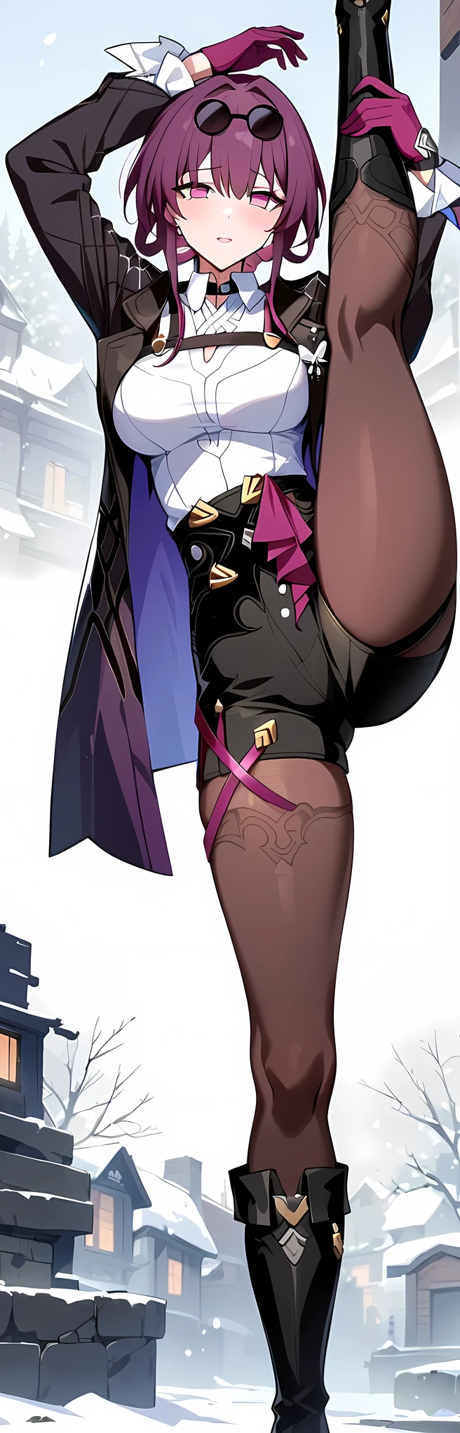 masterpiece, best quality, very aesthetic, absurdres, newest, 1girl, pantyhose,pussy_juice, solo,standing_split,tears in eyes,embarrassed, ,kafka_(honkai:_star_rail), honkai:_star_rail, honkai_(series), 1girl, arm_belt, asymmetrical_legwear, belt, black_jacket, black_shorts, boots, breasts, butterfly_ornament, collared_shirt, eyewear_on_head, gloves, hair_between_eyes, high-waist_shorts, jacket, knee_boots, large_breasts, long_hair, multiple_belts, open_clothes, open_jacket, pantyhose, pantyhose_under_shorts, purple_eyes, purple_gloves, purple_hair, purple_pantyhose, round_eyewear, shirt, short_shorts, shorts, sidelocks, sunglasses, white_shirt,,snow land