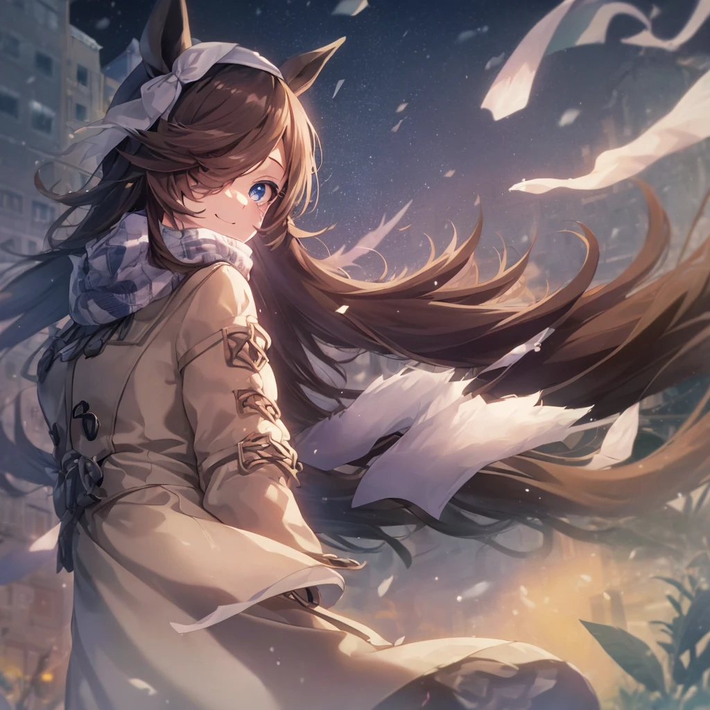 (On the table.best quality).(Dynamic Angle). (Impressive CG details),(Perfect image)、Solo Girl、comics.number.1 girl.Delicate face、Perfect face.Delicate face、Girl in exquisite winter clothes、((Brown length coat))、Rough skin、Black Hair.length、(Umami Girl)Umami Girl、((Beautiful blue eyes)).Delicate and beautiful eyes、Delicate eyes、Reflection Eyes、Tears、Smile.(Wearing cute winter clothes:1.3).(scarf:0.8)、Autumn sky、8k wallpaper、Cowboy shooting、reflected light、Most detailed、complicated、Exquisite background、Rough skin、Delicate skin、(Super Resolution)、(Solo Girl)