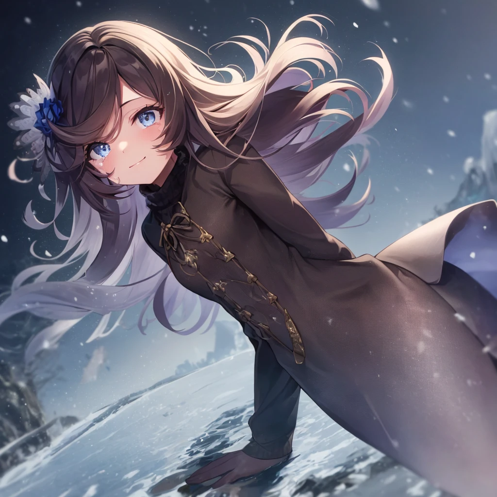 (On the table.best quality).(Dynamic Angle). (Impressive CG details),(Perfect image)、Solo Girl、comics.number.1 girl.Delicate face、Perfect face.Delicate face、Girl in exquisite winter clothes、((Brown length coat))、Rough skin、Black Hair.length、(Umami Girl)Umami Girl、((Beautiful blue eyes)).Delicate and beautiful eyes、Delicate eyes、Reflection Eyes、Tears、Smile.(Wearing cute winter clothes:1.3).(scarf:0.8)、Autumn sky、8k wallpaper、Cowboy shooting、reflected light、Most detailed、complicated、Exquisite background、Rough skin、Delicate skin、(Super Resolution)、(Solo Girl)