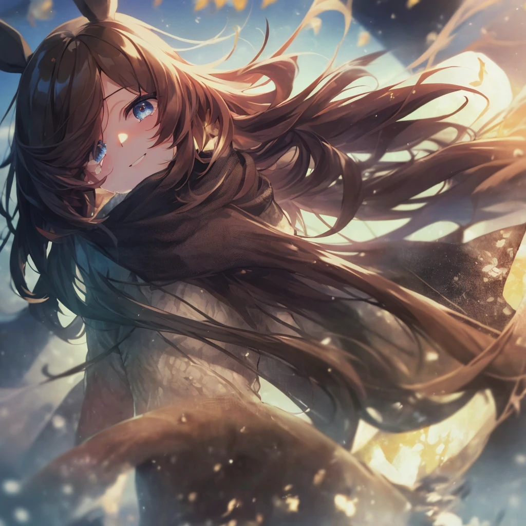 (On the table.best quality).(Dynamic Angle). (Impressive CG details),(Perfect image)、Solo Girl、comics.number.1 girl.Delicate face、Perfect face.Delicate face、Girl in exquisite winter clothes、((Brown length coat))、Rough skin、Black Hair.length、(Umami Girl)Umami Girl、((Beautiful blue eyes)).Delicate and beautiful eyes、Delicate eyes、Reflection Eyes、Tears、Smile.(Wearing cute winter clothes:1.3).(scarf:0.8)、Autumn sky、8k wallpaper、Cowboy shooting、reflected light、Most detailed、complicated、Exquisite background、Rough skin、Delicate skin、(Super Resolution)、(Solo Girl)