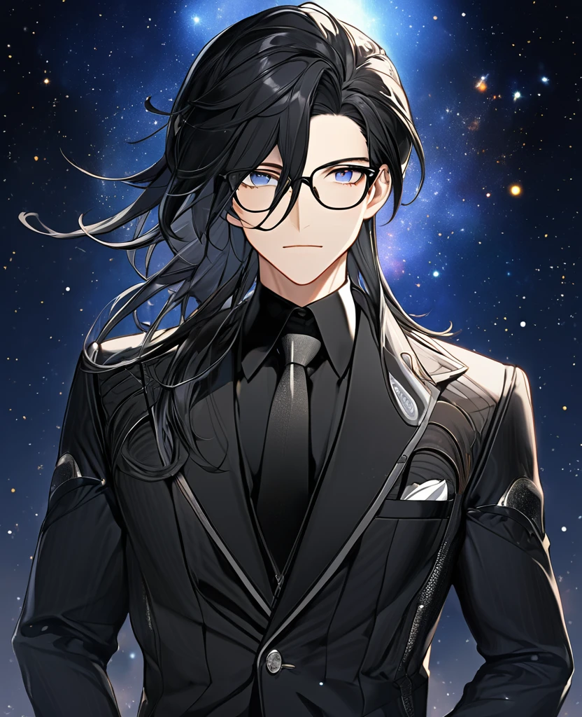  (black_hair), (Onyx_eyes), (detailed_eyes), (attractive), (Space_background), (male), (wearing _a_black_suit), (long_male_hair), (detailed_Hair), (detailed), (detailed_mouth), (wears_glasses) 