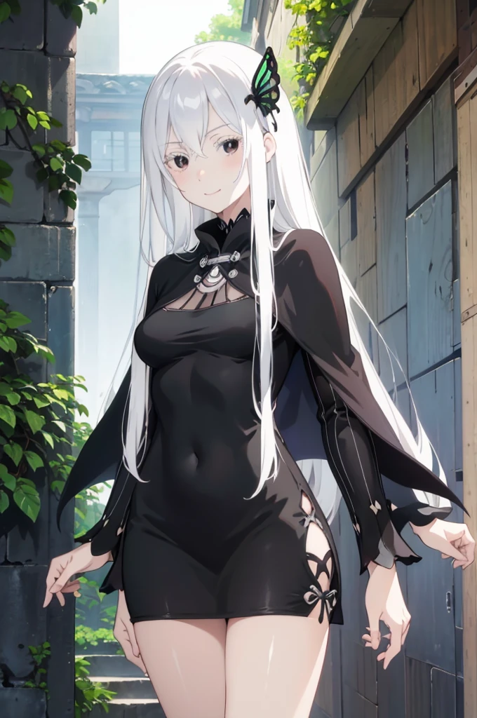 masterpiece, best quality, high resolution, best illustration, super fine illustration, (official art:1.2), anime screencap, detailed beautiful face and eyes, anime keyvisual, (perfect anatomy:1.1), 8k portrait, (detail focus fingers:1.2), 
1girl,
Echidna, 
Echidna \(re:zero\),
long hair, 
white hair, 
(black eyes:1.2), 
butterfly hair ornament, 
small breasts, 
fit dress, long black dress, black cape, 
looking at viewer, 
cowboy shot, 
natural light, standing, smile, 