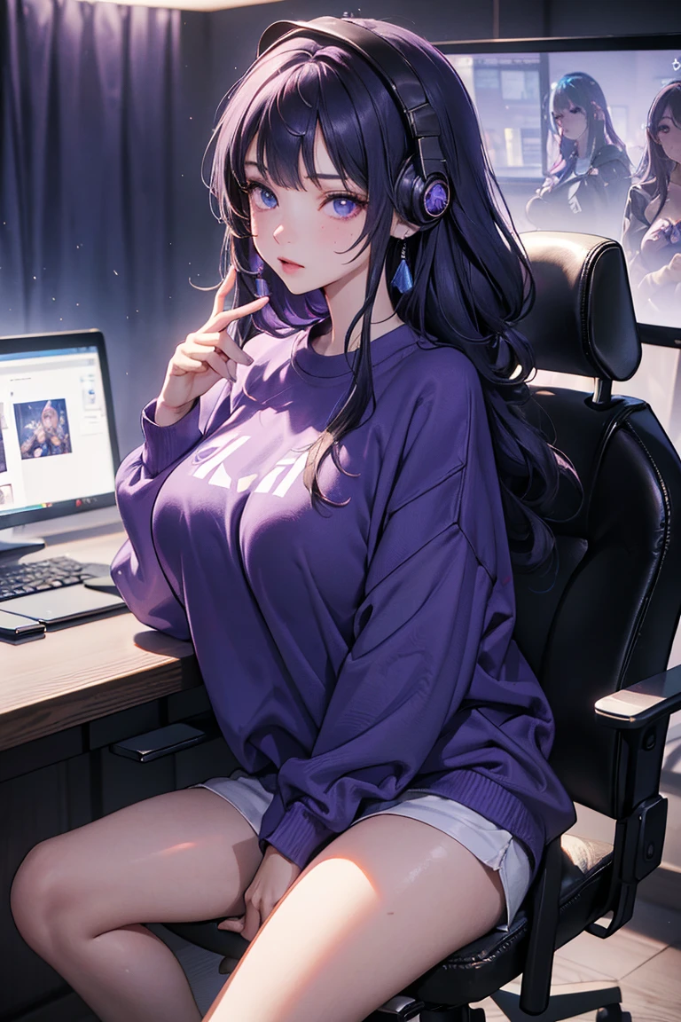 (8k, photo and gross, Best Quality, Masterpiece:1.2), (realist, photo-realist:1.37),1 girl, Shogun ride, purple sweatshirt, big breasts, gamer room, sitting at a desk with a gamer pc, gaming headphones