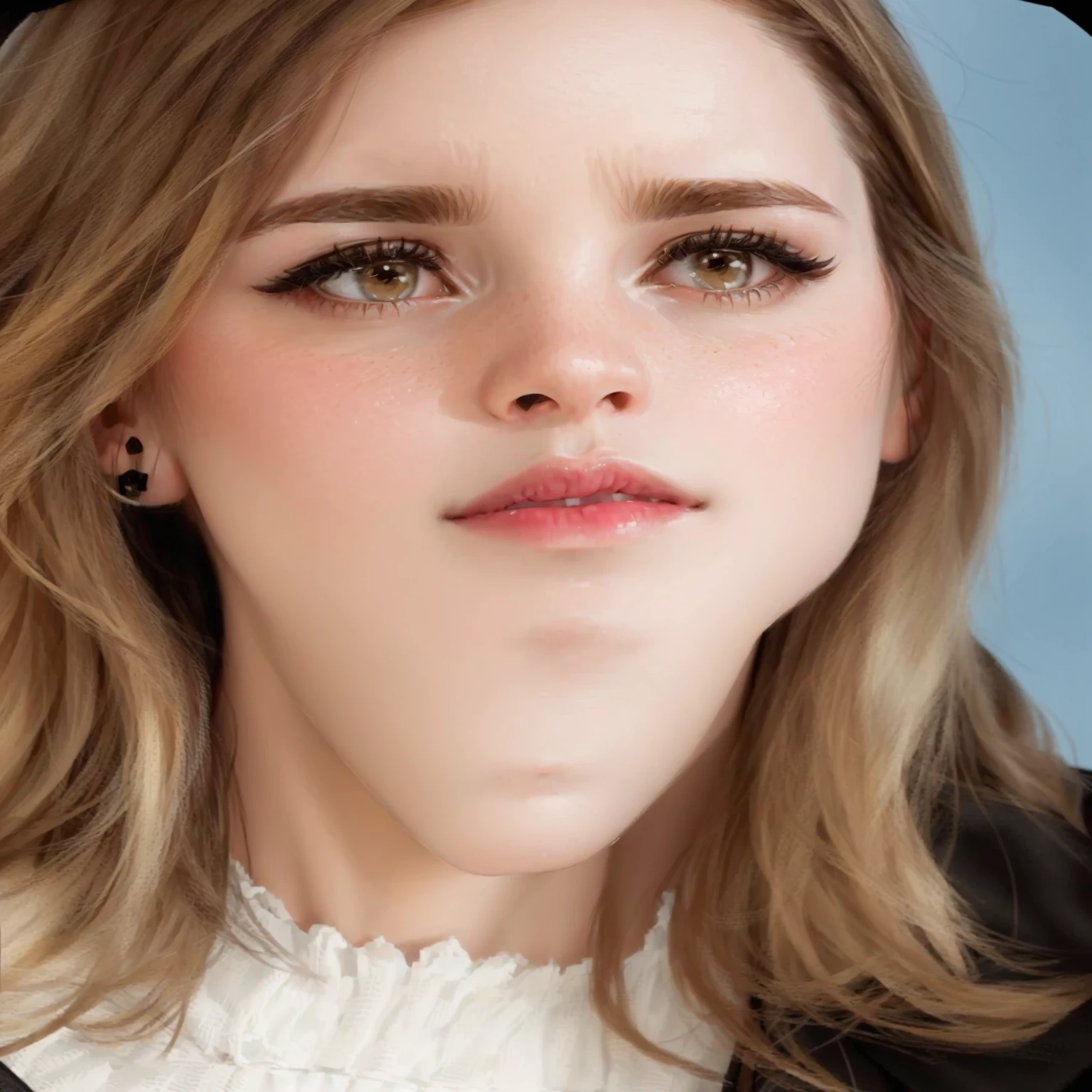 Close-up of a woman in a black jacket and white shirt, face of Emma Watson, with the face of Emma Watson, portrait photo of Emma Watson, Emma Watson, photo of Emma Watson, Emma Watson portrait, portrait of Emma Watson, ancient queen Emma Watson, Emma Watson with anxious, Emma!! Watson!!, clear portrait of Emma Watson