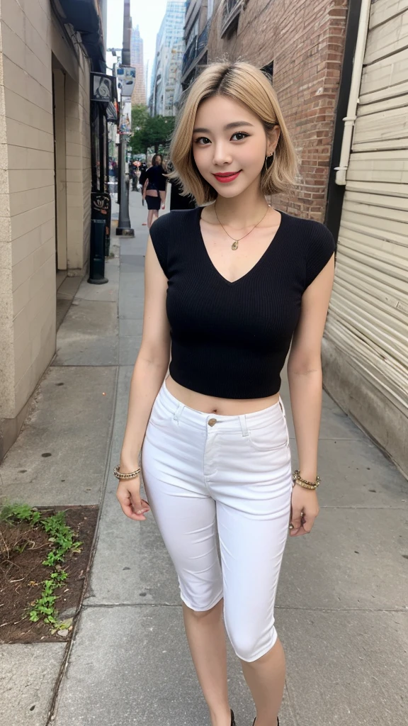 (Top quality, 8K, Masterpiece: 1.3), pull angle, full body, lens used f/2.8, 50mm, camera Sony, beautiful woman, one girl, slender abs: 1.1, short blond hair, (full body, to feet: 1.2), super detailed face, very detailed lips, detailed eyes, double eyelids, pendant, bangle bracelet as accessory of choice, feminine blouse, New York city view, very detailed face and skin, detailed eyes, double eyelids, expression best smile" Translated with DeepL.com (free version)