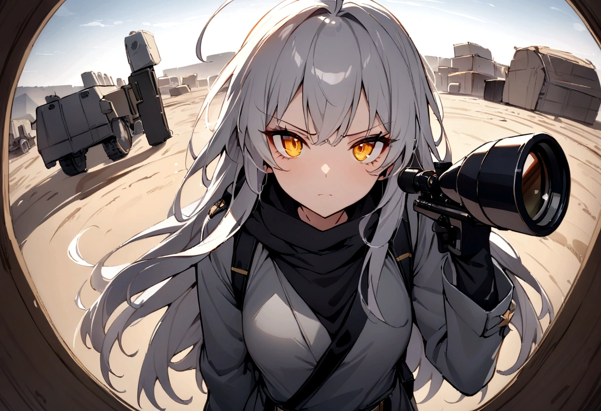 (masterpiece, best quality:1.2), 1girl, 独奏,Black military uniform、Looking through the scope、Point your gun at us、Grey long hair、Ahoge、Yellow Eyes、Ready your gun?、sniper rifle、Background of military bases、Fisheye Lens、battlefield、Shadows of light and darkness、Expressionless、Grim face、anger、battle、A black hoodie over a grey trench coat、