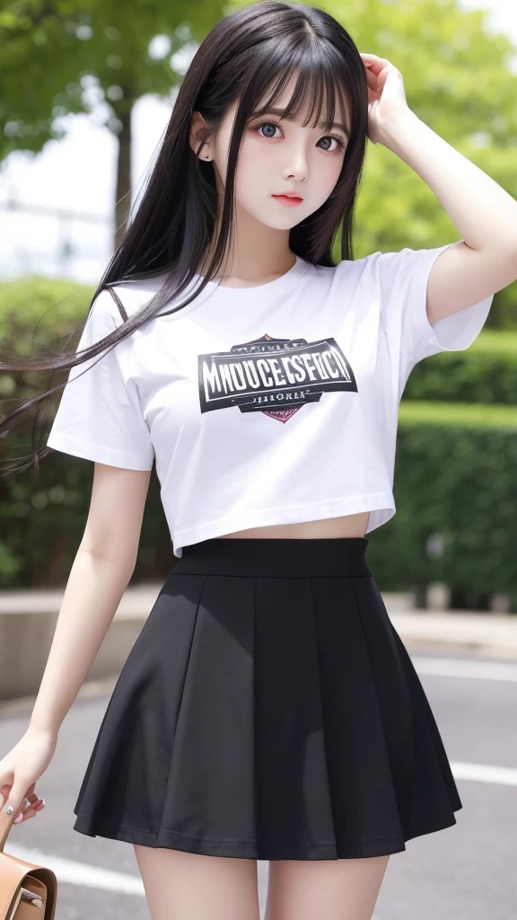 Masterpiece, high quality, high resolution, white mini skirt, T-shirt, girl 19 years old, big eyes, long black hair,
