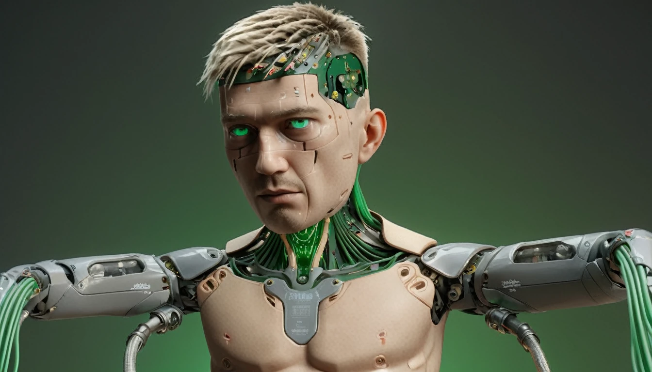 1 mechanical boy, (male), mullet haircut, blonde hair, green eyes, blonde, (24 age), mechanical green cables arms outstretched, ((ultra realistic details)), global illumination, shadows, octane render, 8k, ultra sharp, metal, intricate, ornaments detailed, highly intricate details, realistic light, glowing eyes, neon details, mechanical limbs, blood vessels connected to tubes, mechanical cervical attaching to neck, wires and cables connecting to head