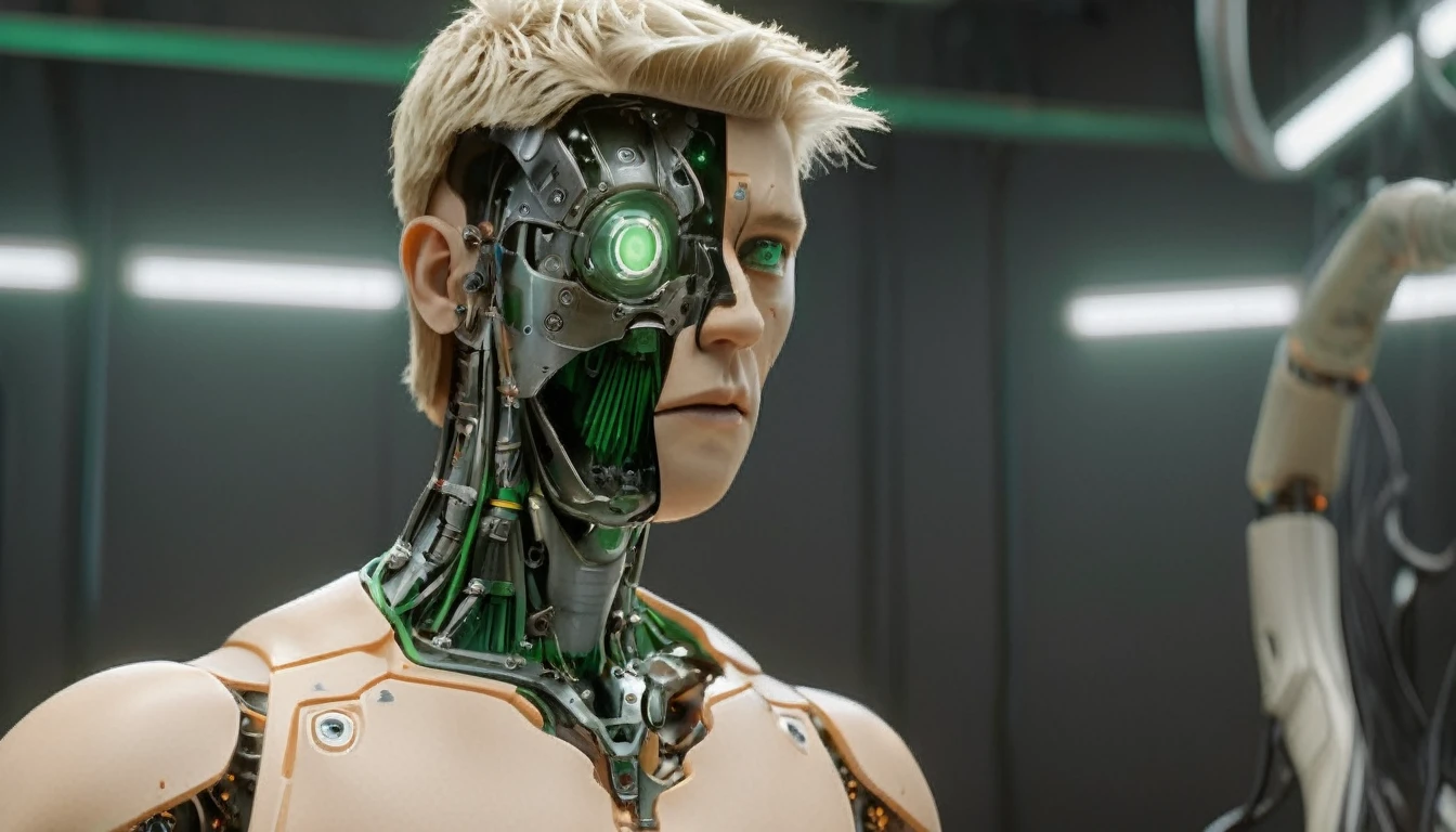 1 mechanical boy, (male), mullet haircut, blonde hair, green eyes, blonde, (24 age), mechanical green cables arms outstretched, ((ultra realistic details)), global illumination, shadows, octane render, 8k, ultra sharp, metal, intricate, ornaments detailed, highly intricate details, realistic light, glowing eyes, neon details, mechanical limbs, blood vessels connected to tubes, mechanical cervical attaching to neck, wires and cables connecting to head