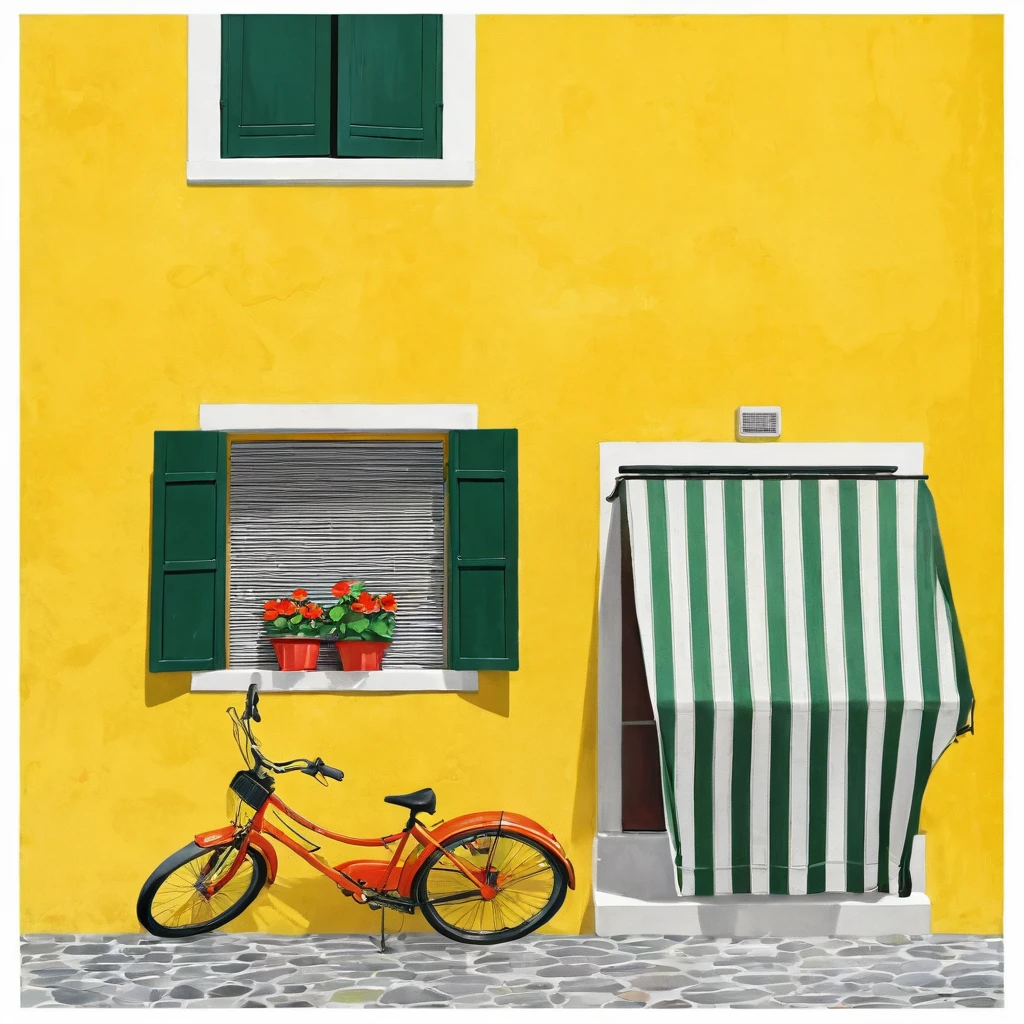 masterpiece, ultra detailed, beautiful, distinct, best aesthetic, super fine illustration, vibrant yellow wall, green shutters, striped awning, red flower pot, windowsill, orange bicycle, cobblestone ground, bright colors, vivid architecture, simple bicycle, #drawing style: Mixed Media #painting method: Impasto, pointier painting method, pointillism technique, repoussoir, Sfumato, Detailing oil pastel art, impressionism, Van Gogh style, Detailing digital painting