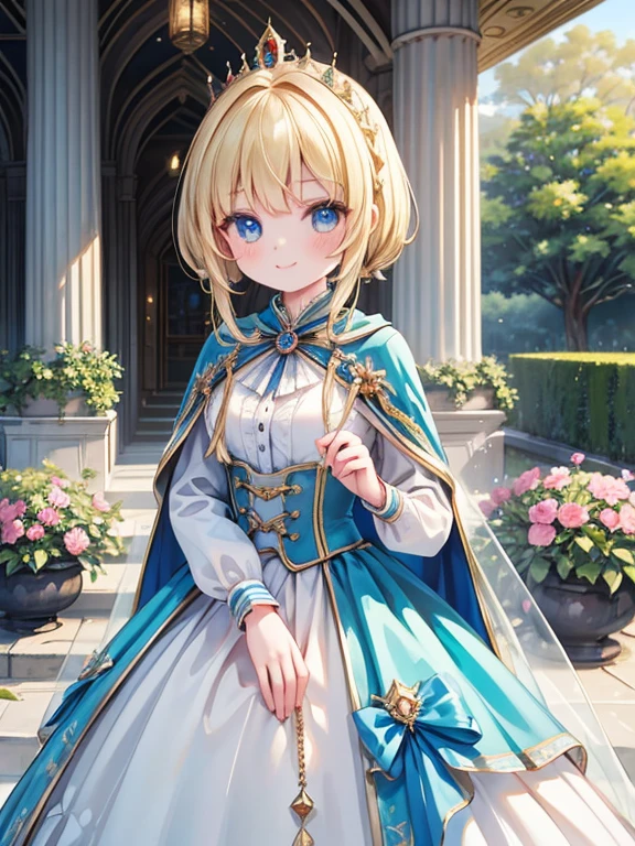 masterpiece, Highest quality, Very detailed, 16K, Ultra-high resolution, Cowboy Shot, Detailed face, Perfect Fingers, 1 female, 14 years old, blue eyes, blonde, Braiding, smile, royal palace, garden, hjy, a dress with a long train and a cape