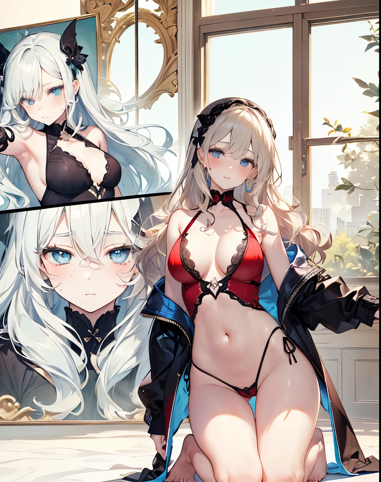 (((full-body view))), ((hentai)), ((dark fantasy)),((two girls with wavy hair, pale skin, long light blond hair),((light blue eyes)), freckles,(girls 18 years old),erotic posing,Gothic background, Dark fantastic view,Best Quality,masutepiece,8K,The ultimate detailed dark background, Top image quality、RAW photography、超A high resolution, overall look is very erotic, round chest, Beautiful Eyes of Details、Very slender eyes、Beautiful eyelashes、Very slim physique, with blush cheeks