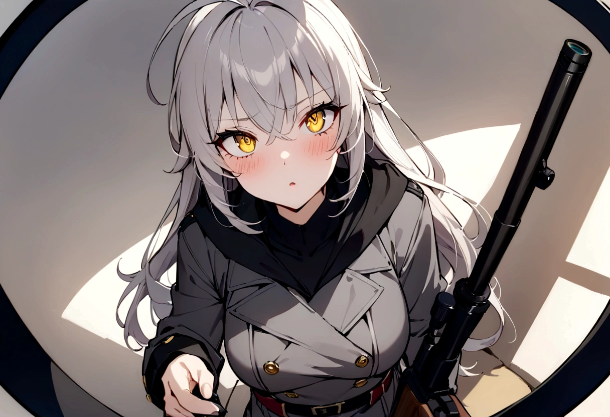 (masterpiece, best quality:1.2), 1girl, 独奏,Black military uniform、Looking through the scope、Point your gun at us、Grey long hair、Ahoge、Yellow Eyes、Ready your gun?、sniper rifle、Background of military bases、Fisheye Lens、battlefield、Shadows of light and darkness、Confused eyes、A black hoodie over a grey trench coat、war、銃弾が飛び交うbattlefield、war、大きなReady your gun?女の子