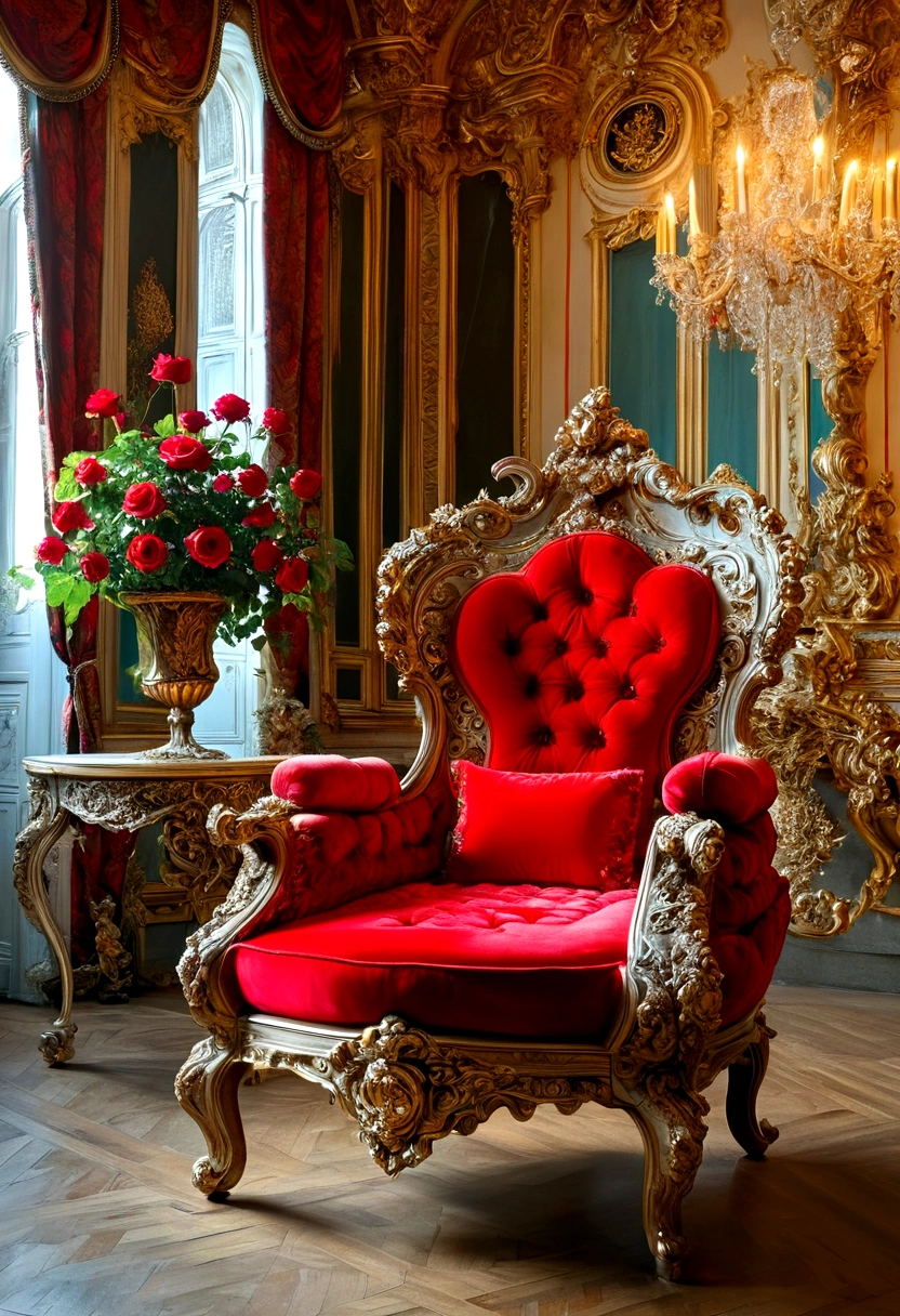 a majestic renaissance palace, a luxurious queen's throne chair, grand and spacious, french rococo style, red roses