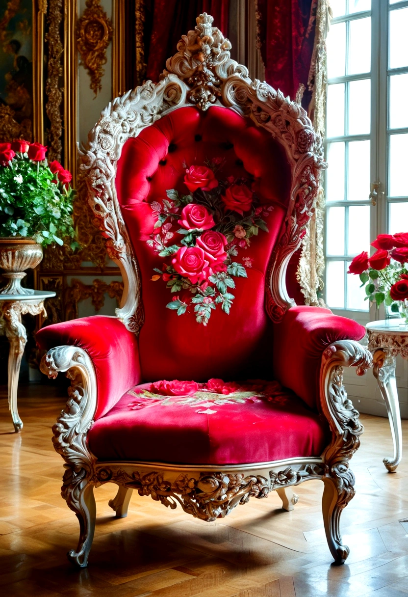 a majestic renaissance palace, a luxurious queen's throne chair, grand and spacious, french rococo style, red roses