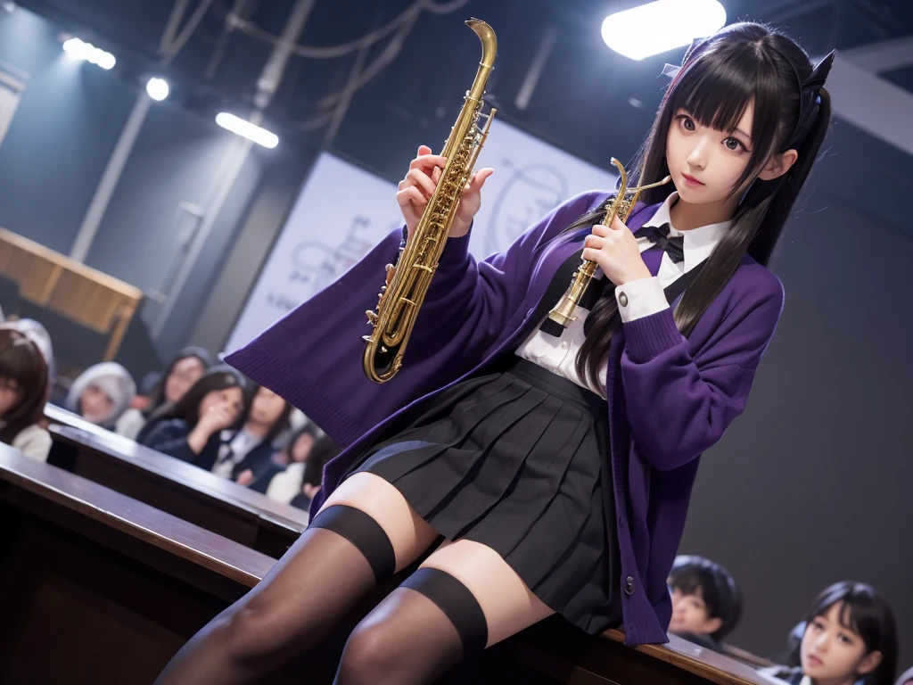 Azur Lane,Nodai,masterpiece, best quality, NshroV4, girl, Solitary, Long hair, Looking at the audience, skirt, Black Hair, sit , Purple Eyes, Pantyhose, pleated skirt, trumpet, Seraph, Cardigan, oni trumpet, open Cardigan