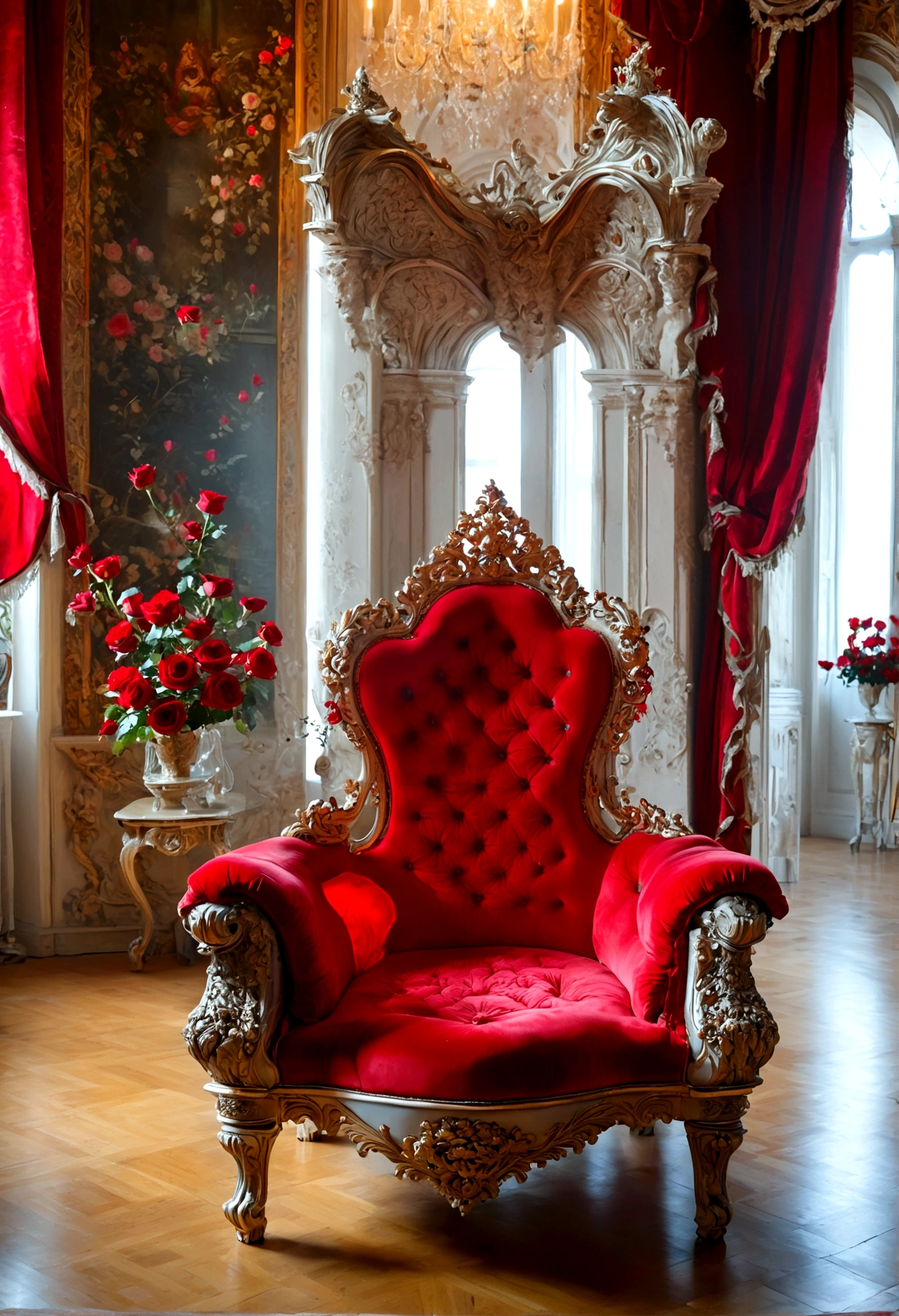 a majestic renaissance palace, a luxurious queen's throne chair, grand and spacious, french rococo style, red roses