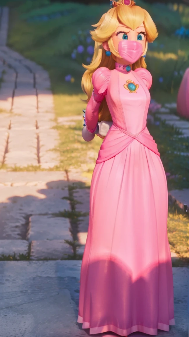 Princess Peach, ((wearing a pink dress)), huge breasts, upper body, masterpiece,8k, best quality, good hands,good eyes, pixarstyle, 1girl, solo, style,parody,3d,long hair, detail hair, blonde hair, maximum detail, intricate detail, extremely clear, beach, nsfw, smile, shy, blush, embaressed, ((long hair)), (tall girl), (solo, 1 girl), ((shibari, arms behind back : 1.4)) , ( full face otn gag mask), (full body view),((toes to head view)), ((complete body view photo)), ((standing)), Scared, (Skinny), view the viewer, ((shibari, bound arms, arms back behind:1.4)), ((tied in a wood pole)), ((wood pole)), ((tight full silver tape gag)), (otn gag), gagged, (tight tape over the nose gag), (tape otn), day light, ((she wears a tape gag with a mouth printed on it))