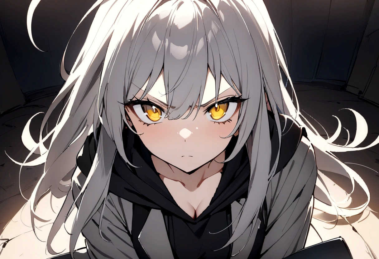 大きなReady your gun?女の子、Open chest、(masterpiece, best quality:1.2), 1girl, 独奏,Black military uniform、Looking through the scope、Point your gun at us、Grey long hair、Ahoge、Yellow Eyes、Ready your gun?、sniper rifle、Background of military bases、Fisheye Lens、battlefield、Shadows of light and darkness、Expressionless、Grim face、anger、battle、A black hoodie over a grey trench coat、