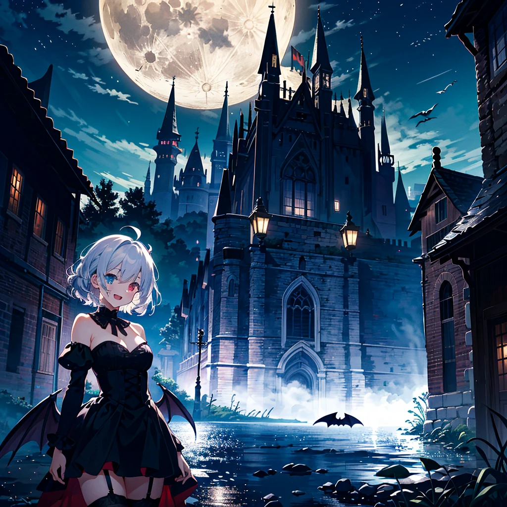score_9, score_8_up, score_7_up, source_anime, masterpiece, best quality, highres, absurdres, aerial, flying sky,
1 girls, solo, medium breasts, ahoge, silver hair, puffy hair, sidelock, (heterochromia), black gothic dress, bare shoulder, vampire, smile, open mouth, fang, garter straps, skindentation, bat wing,
outdoor, night, moon, castle, cowboy shot,