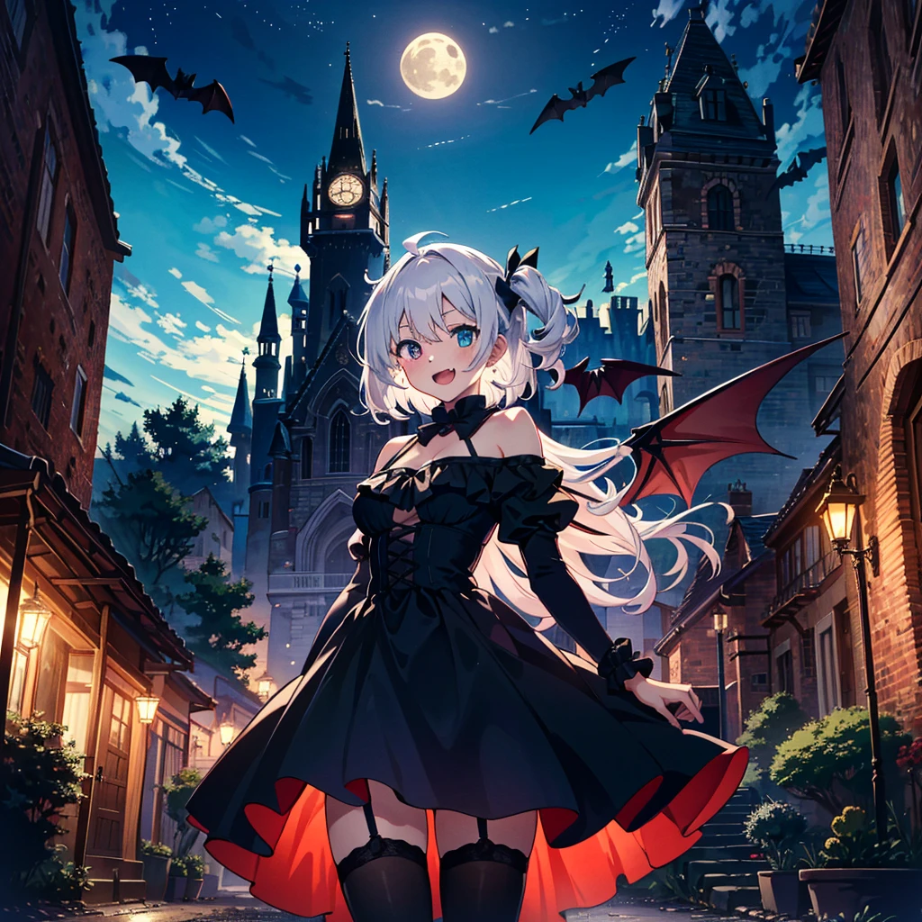 score_9, score_8_up, score_7_up, source_anime, masterpiece, best quality, highres, absurdres, aerial, flying sky,
1 girls, solo, medium breasts, ahoge, silver hair, puffy hair, sidelock, (heterochromia), black gothic dress, bare shoulder, vampire, smile, open mouth, fang, garter straps, skindentation, bat wing,
outdoor, night, moon, castle, cowboy shot,