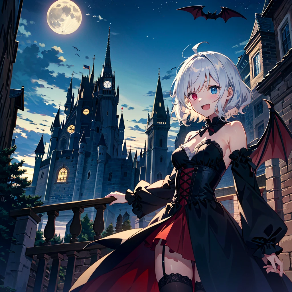 score_9, score_8_up, score_7_up, source_anime, masterpiece, best quality, highres, absurdres, aerial, flying sky,
1 girls, solo, medium breasts, ahoge, silver hair, puffy hair, sidelock, (heterochromia), black gothic dress, bare shoulder, vampire, smile, open mouth, fang, garter straps, skindentation, bat wing,
outdoor, night, moon, castle, cowboy shot,