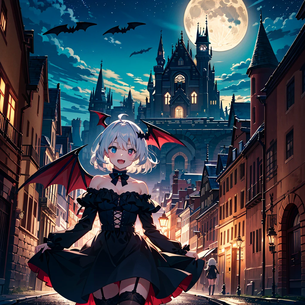 score_9, score_8_up, score_7_up, source_anime, masterpiece, best quality, highres, absurdres, aerial, flying sky,
1 girls, solo, medium breasts, ahoge, silver hair, puffy hair, sidelock, (heterochromia), black gothic dress, bare shoulder, vampire, smile, open mouth, fang, garter straps, skindentation, bat wing,
outdoor, night, moon, castle, cowboy shot,