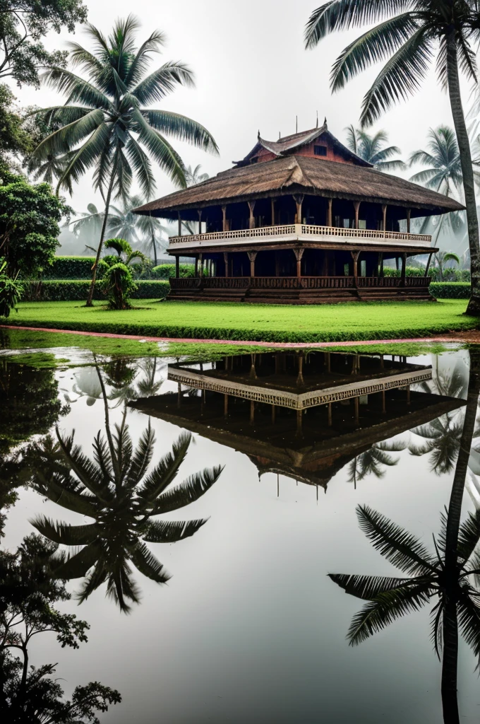 Kerala old house and background coconut trees and rain day, and fog