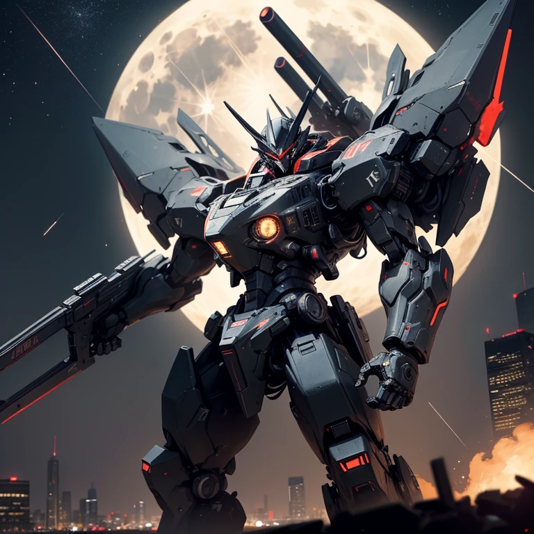 Masterpiece, best quality, high quality, An all Black Mecha, Black bow on his hand, Red arrow on the bow, city on fire, Night, stars on the sky, Full Moon