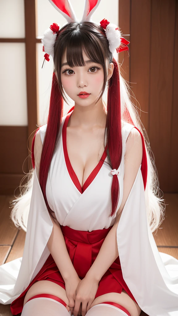 young asian woman, (long white bunny ears), (Cute red and white shrine maiden costume), Long white hair, Twin tails and bangs, Japan Traditional Hair Ornaments, Big Breasts, Shrine under the full moon, Sitting, White Stockings, Athletic ability, Bright red lips