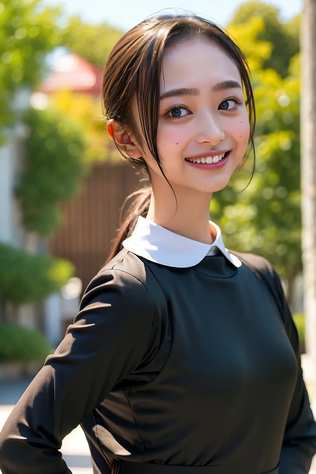 (((upper body shot))),Ultra-high resolution,big eyes,((brown eyes)),Japanese,(forehead),(a girl),(1 girl),((18-year-old)),cute,pretty,((facing at viewer)),arms behind back,grin,(((black uniform)))