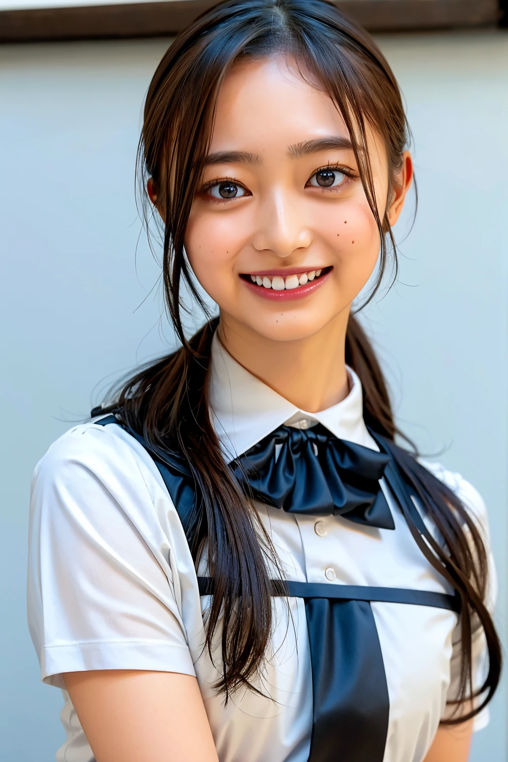 One girl, Happy, smile, (At the supermarket:1.2), ((school uniform:1.2)), RAW Photos, (photoRealistic:1.37, Realistic), Highly detailed CG integrated 8K wallpaper, View Viewer, (((Straight from the front))), (high qualityスキン:1.8, Shiny skin), 8K Ultra HD, Digital SLR, Soft lighting, high quality, Film Grain, Fujifilm XT3, ((Upper Body:1.6)), (Professional Lighting:1.6)