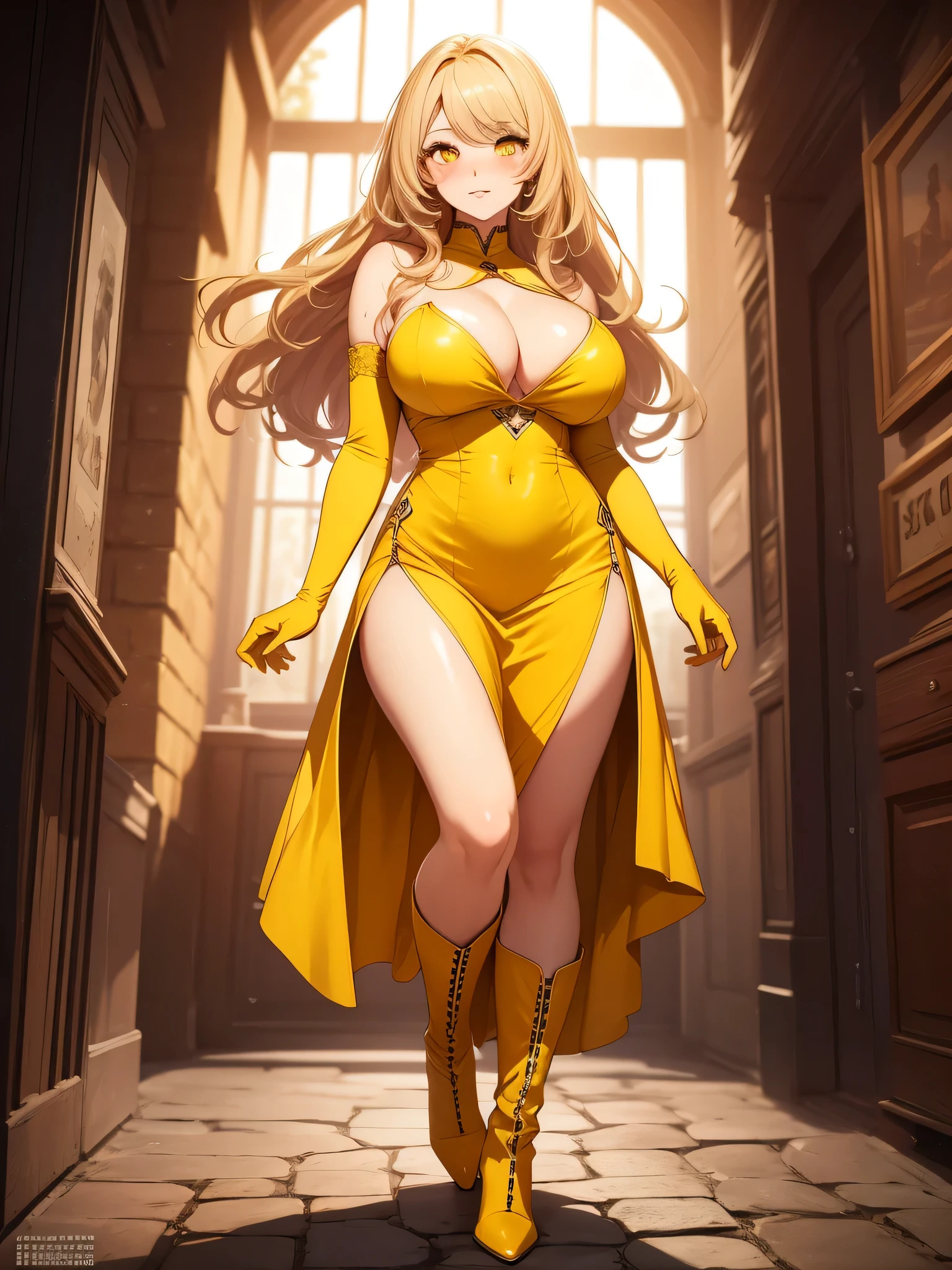 Full body, beautiful yellow eyes, blush, cute face, realistic, 8k, best quality, masterpiece, high resolution, (1 cute woman, solo: 1.1), very big breasts, long yellow hair, yellow dress, yellow elbow gloves, yellow high heel boots