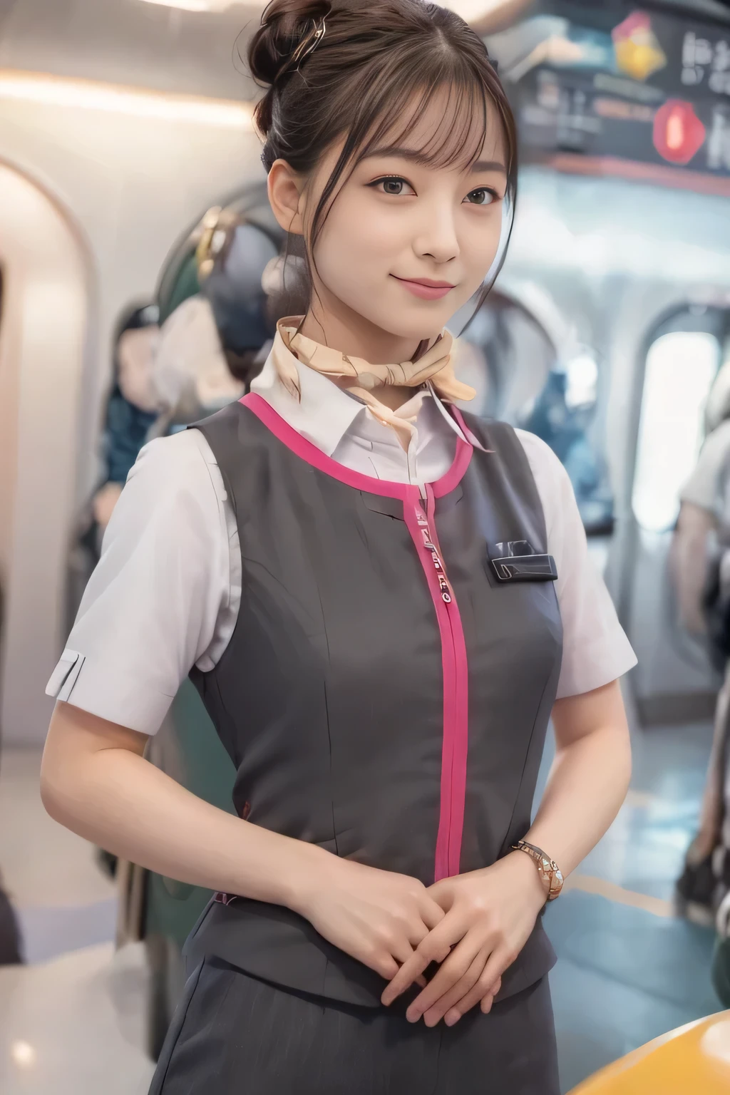 (masterpiece:1.2, Highest quality:1.2), 32k HDR, High resolution, (alone、1 Girl)、（Ride the bullet train、Professional Lighting）、Background in the car、（Realistic style of JR Gran Class crew uniform）、Short sleeve blouse、a scarf around the neck、（JR Gran Class flight attendant uniform with pink parts on the skirt sleeves）、（The uniform of a flight attendant in JR Gran Class has a pink line on the front zipper of the vest.）、Dark brown hair、（Hair tied up、Hair Bun、Hair Bun）、Dark brown hair、Long Shot、Big Breasts、（（Great hands：2.0）），（（Harmonious body proportions：1.5）），（（Normal limbs：2.0）），（（Normal finger：2.0）），（（Delicate eyes：2.0）），（（Normal eyes：2.0））)、Luxury Necklace、smile、Beautiful standing posture,