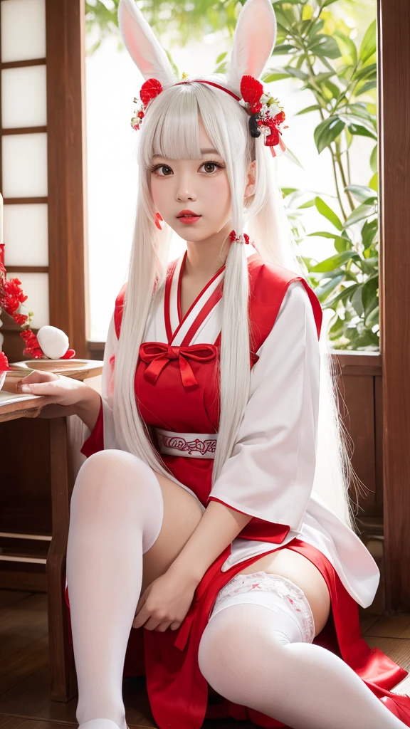 young asian woman, (long white bunny ears), (Cute red and white shrine maiden costume), Long white hair, Twin tails and bangs, Japan Traditional Hair Ornaments, Big Breasts, Shrine under the full moon, Sitting, White Stockings, Athletic ability, Bright red lips