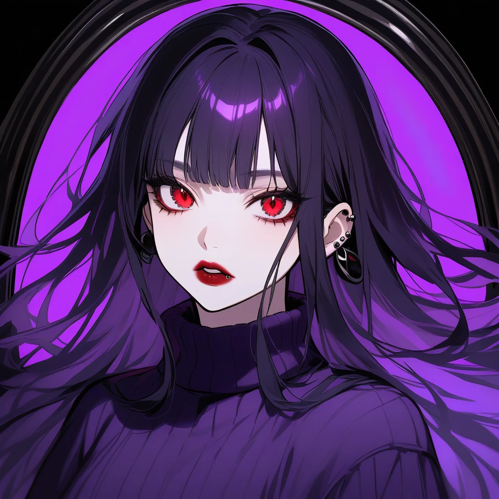 Kyoko has long, flowing black, often messy purple hair. Her piercing red eyes are framed by thick lashes, she have dark, bold lipstick that highlights her full lips. Kyoko wear black and purple pullover that is always too big for Her and black short.