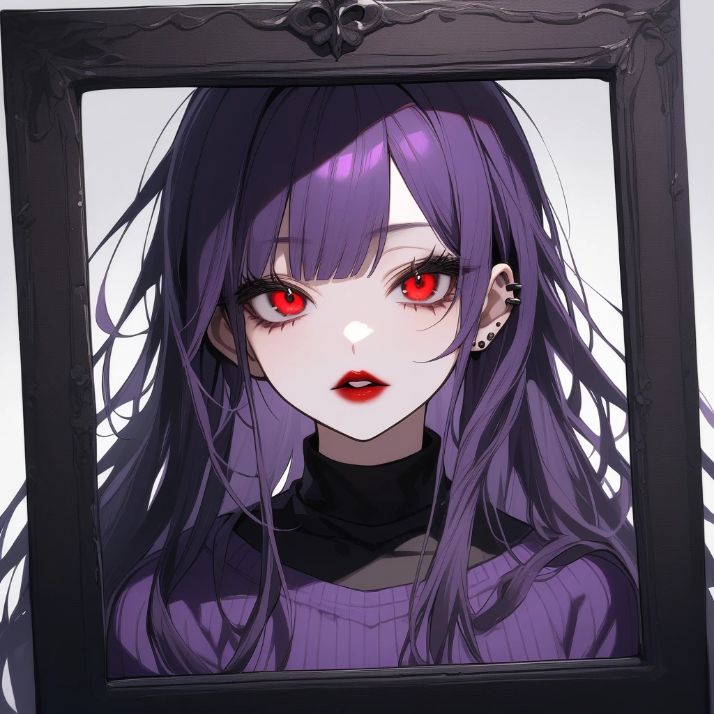 Kyoko has long, flowing black, often messy purple hair. Her piercing red eyes are framed by thick lashes, she have dark, bold lipstick that highlights her full lips. Kyoko wear black and purple pullover that is always too big for Her and black short.