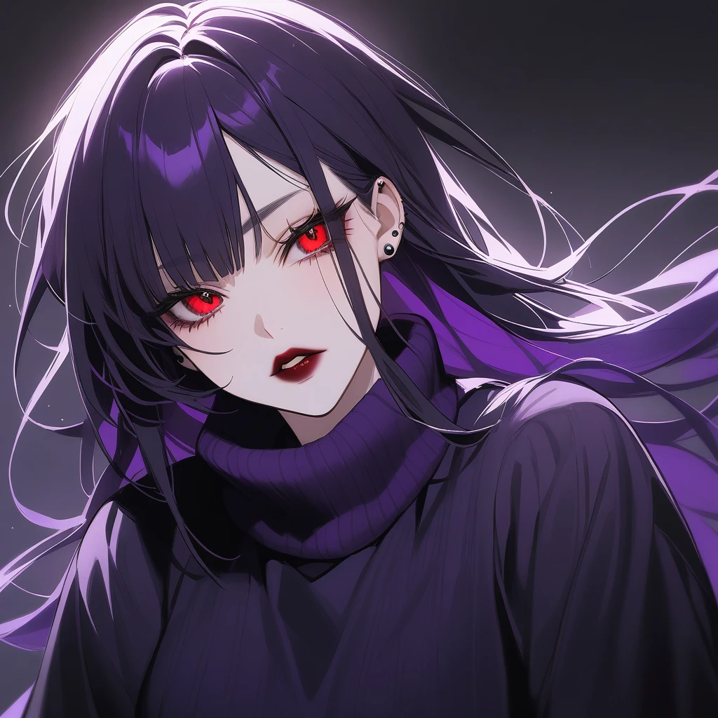 Kyoko has long, flowing black, often messy purple hair. Her piercing red eyes are framed by thick lashes, she have dark, bold lipstick that highlights her full lips. Kyoko wear black and purple pullover that is always too big for Her and black short.