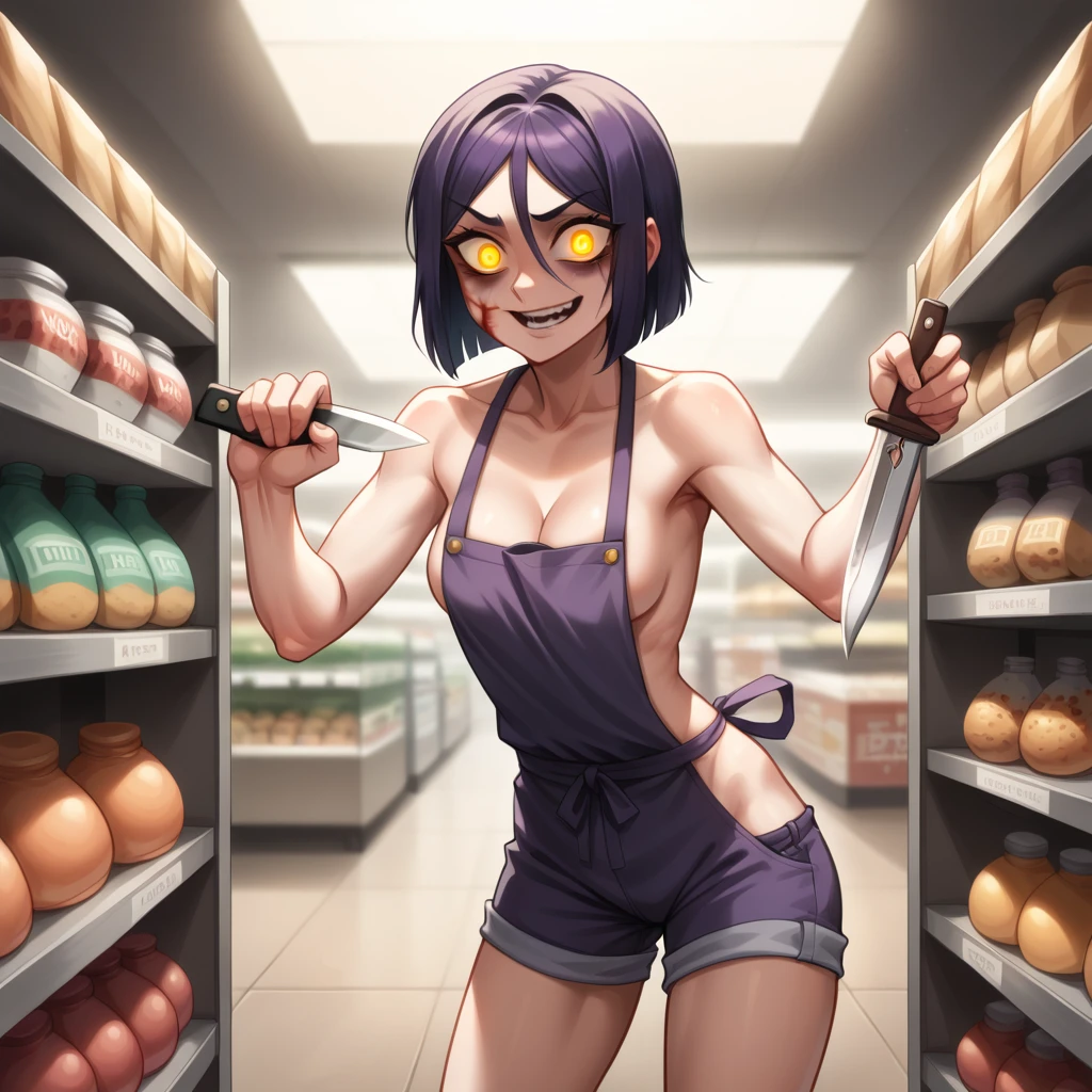 (masterpiece:1.3) 1girl, , (female serial killer:1.5) (skinny with an ugly face:1.3) working at Walmart, wearing an apron with topless under the apron, wide eyes, blood stains on clothes, short khaki shorts, big evil smile, (holding a knife:1.3), horror Walmart background, florescent grocery store lighting, deep shadows , extreme details, , complimentary lighting colors, deep skin, , brightly colored composition, "constricted pupils, small pupils, yellow glowing eyes", Slender Girl, OL, JK, purple bags_under_eyes, ( downblouse, BarbaraEvenot, Bags und