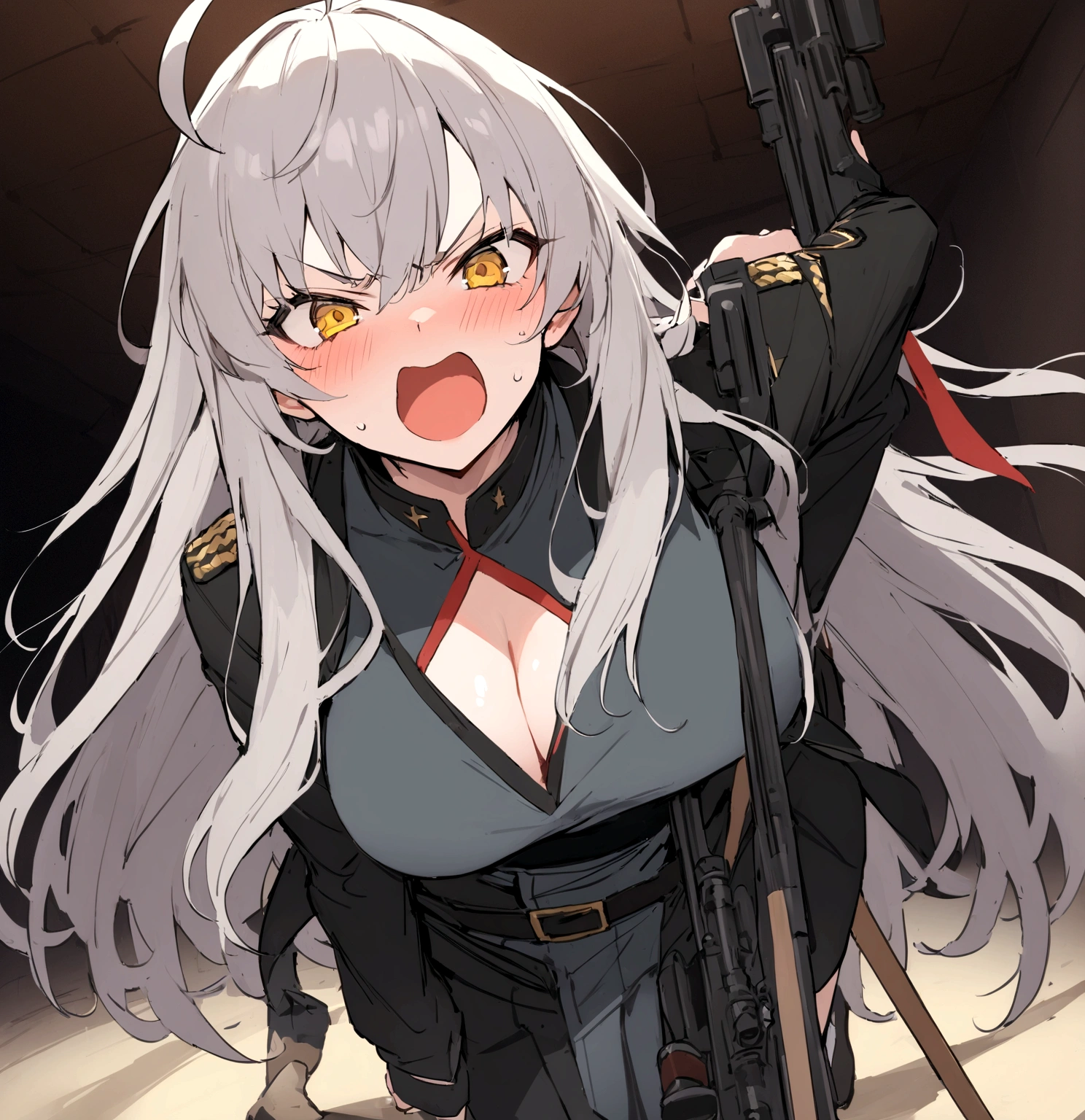 (masterpiece, best quality:1.2),Angry Face、 1girl, 独奏,Black military uniform、Grey long hair、Ahoge、Yellow Eyes、Ready your gun?、sniper rifle、Background of military bases、Fisheye Lens