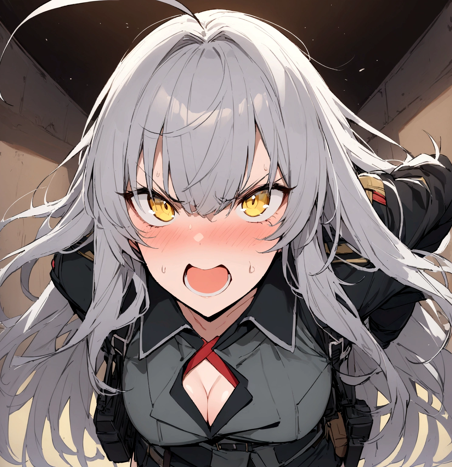 (masterpiece, best quality:1.2),Angry Face、 1girl, 独奏,Black military uniform、Grey long hair、Ahoge、Yellow Eyes、Ready your gun?、sniper rifle、Background of military bases、Fisheye Lens