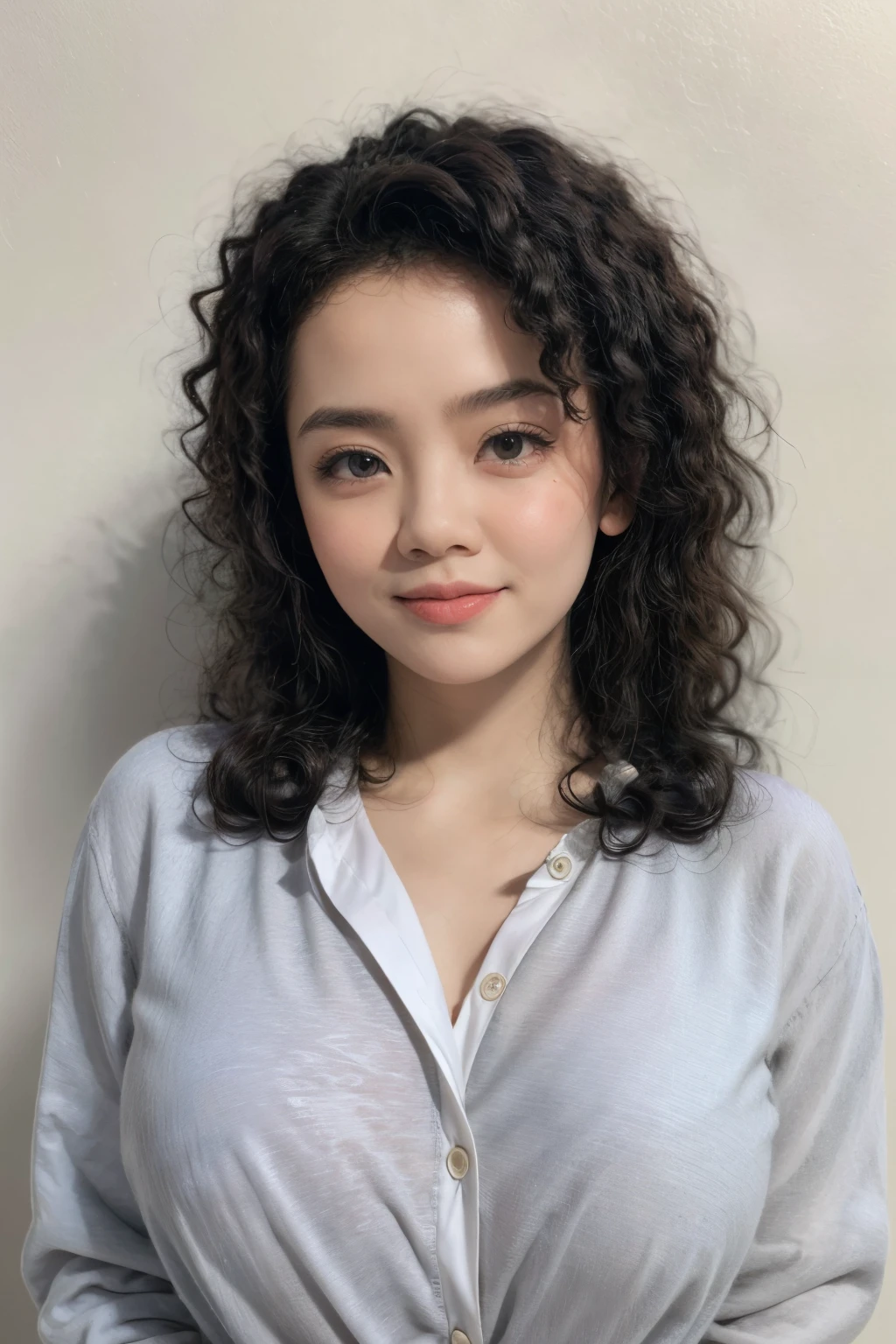 adorable, 1 girl, (face to face), , baby face, happy, half body portrait, (face details: 1), (eye details: 1), ((big breasts)). wearing transparent long shirt, .. Cute posed. proportional body. Ultra High Res. realistic: 1.4, UHD