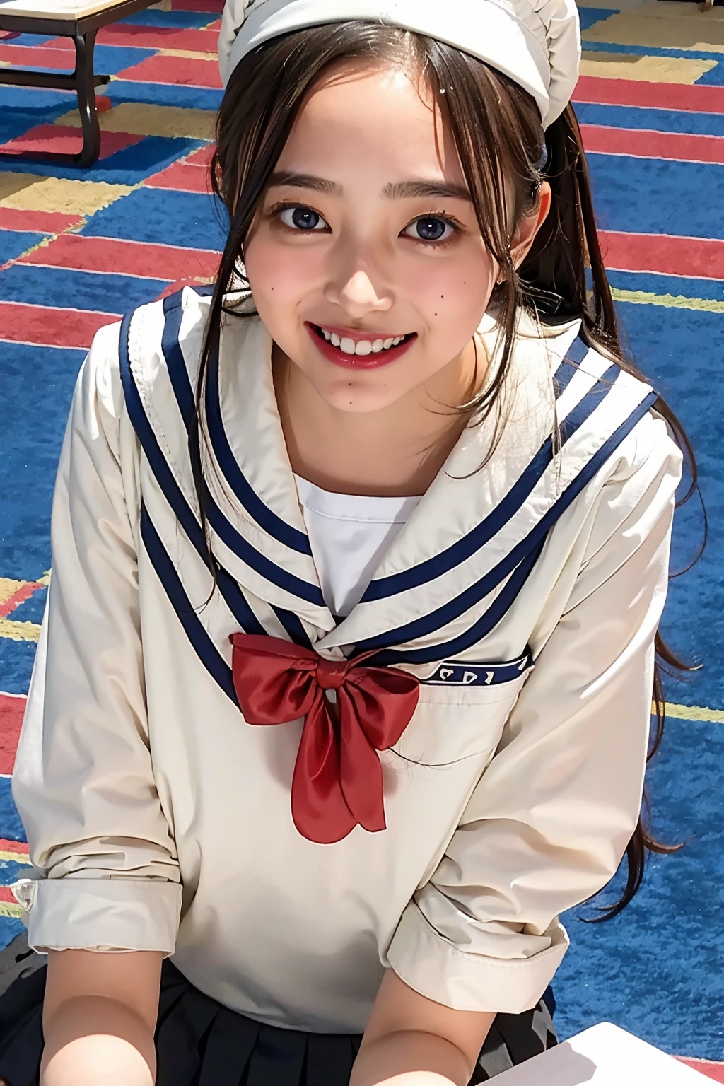 (((upper body shot))),Ultra-high resolution,big eyes,(brown eyes),Japanese,(forehead),(a girl),(1 girl),((18-year-old)),cute,pretty,((facing at viewer)),grin,(((white school sailor shirt))),pleated skirt