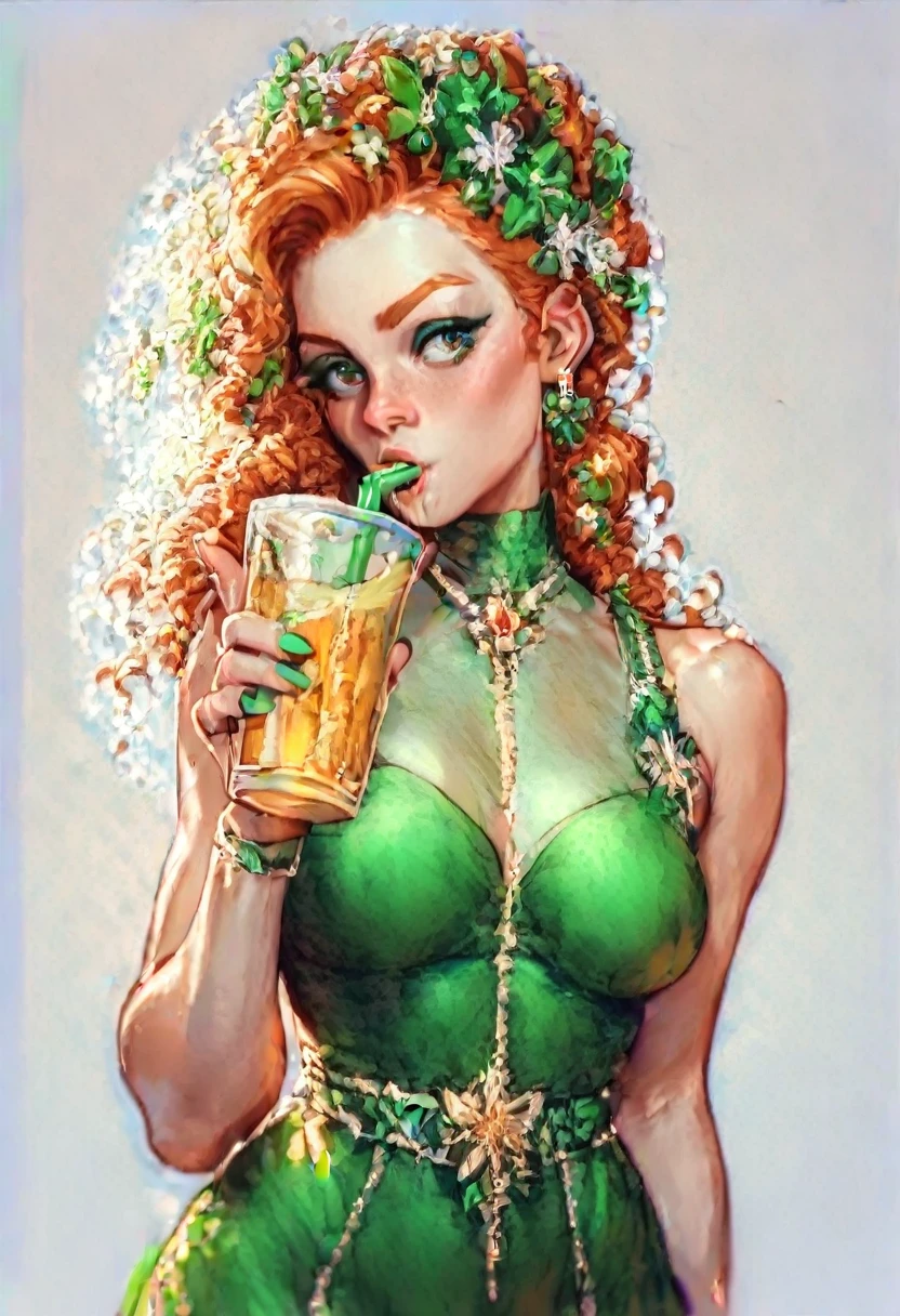 (masterpiece, best quality,high detailed),a sexy irish lady drinking a Pint of Guinness (/ˈɡɪnəs/), an Irish dry stout, she is wearing a green irish folk dress, its st patricks day!