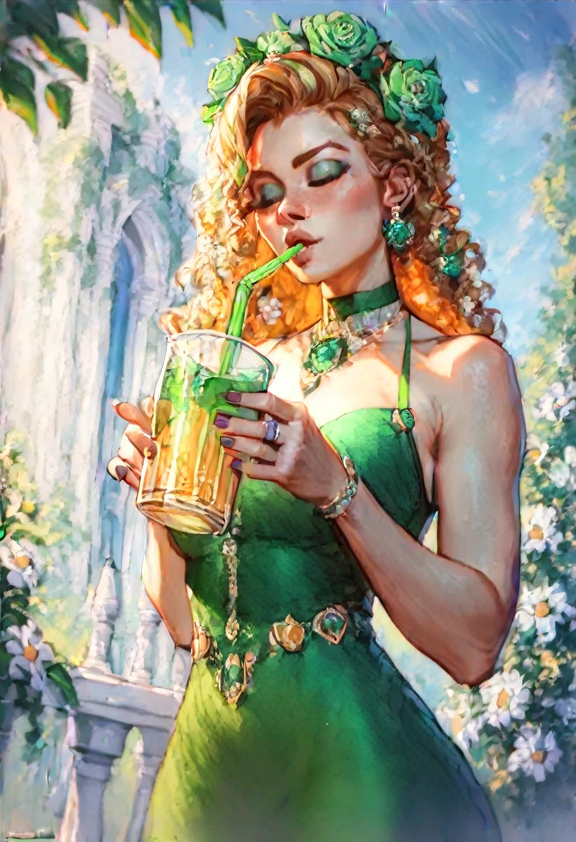 official art, masterpiece, Lorna Dane, Polaris,green lips, 1girl, solo,cup, makeup, lipstick, long hair, mug, holding cup, breasts, cleavage, looking at viewer,holding,upper body, nice hands, specular highlights <lora:Polaris-10:0.8>